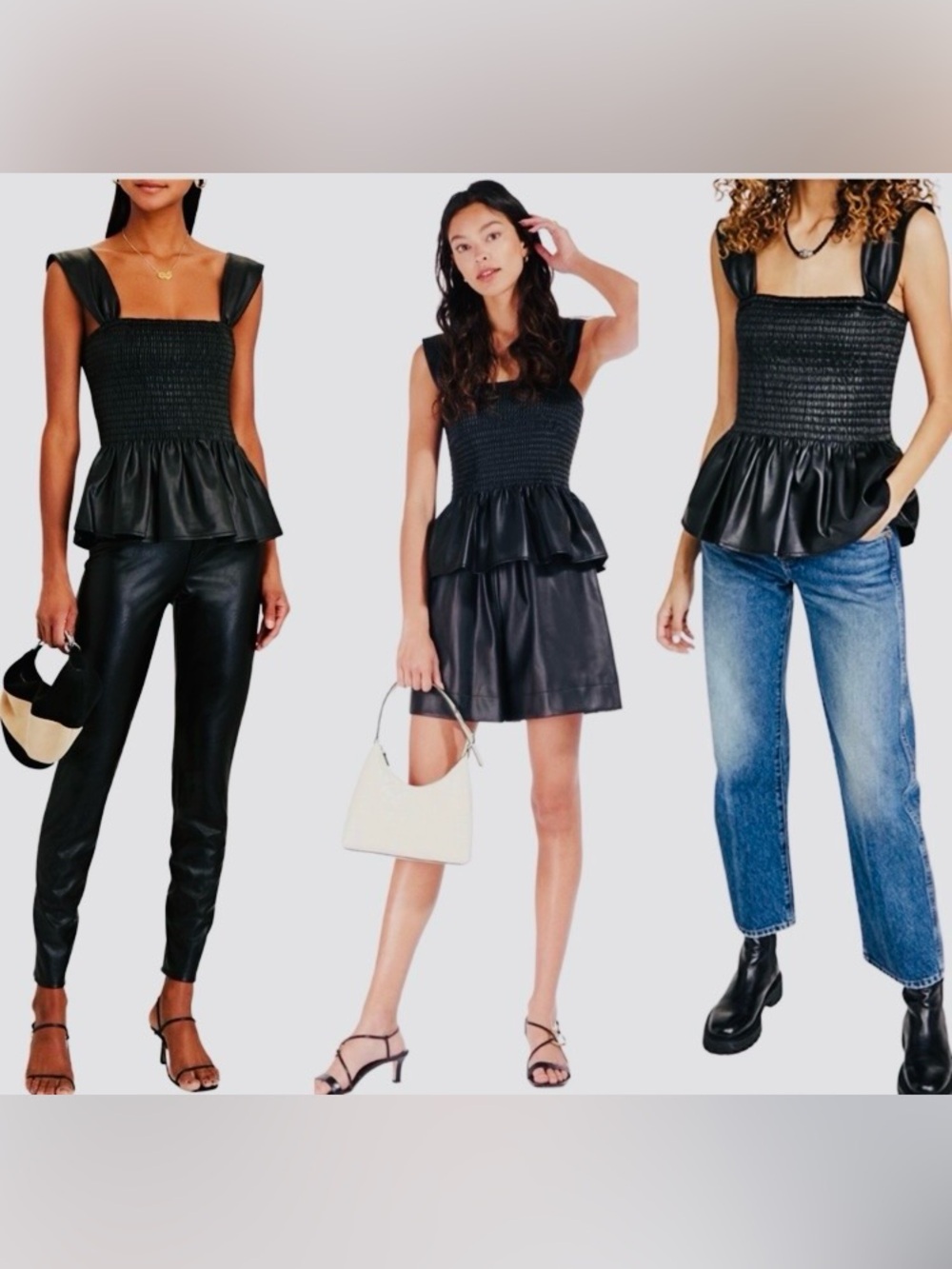 STAUD Ida Soft Faux Leather Peplum Smocked Top Small NWT⭐️